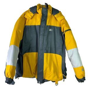 Starter Men Large L Cold Weather Down Feather Parka Hood Jacket Yellow Gray EUC